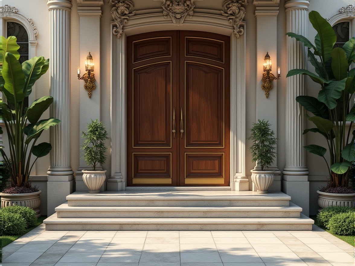 Prompt: Grand entrance, ornate doors, luxurious materials, symmetrical composition, classical columns, intricate stone carvings, elegant archways, subtle color palette, neutral tones, sophisticated ambiance, inviting outdoor spaces, lush greenery, statement lighting fixtures, dramatic shadows, 1/1 composition, high-contrast imaging, realistic textures, ambient occlusion.