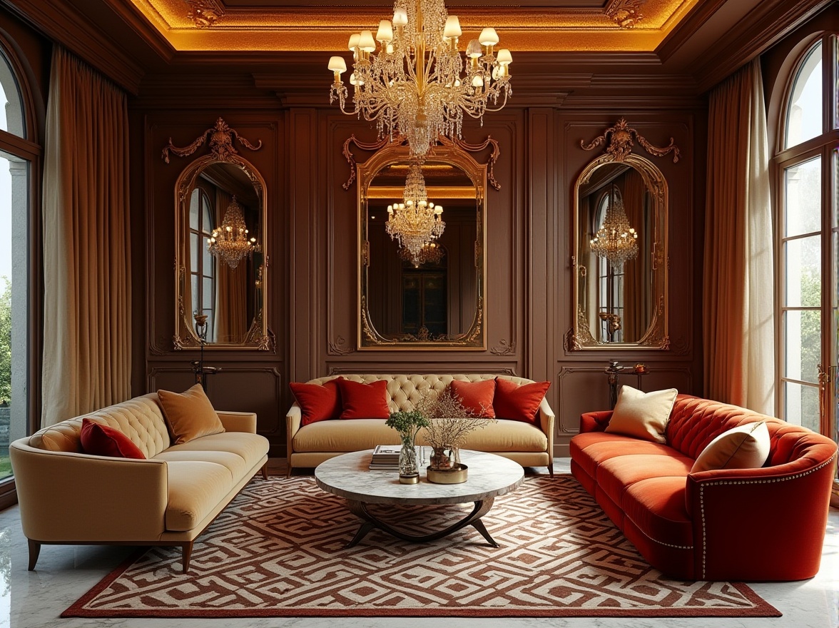 Prompt: Luxurious living room, ornate mirrors, metallic accents, velvet sofas, geometric patterned rugs, crystal chandeliers, marble coffee tables, rich wood paneling, lavish drapery, bold color schemes, opulent textures, sunburst motifs, chevron patterns, fluted columns, scallop details, elegant curves, sophisticated ambiance, warm golden lighting, shallow depth of field, 2/3 composition, realistic reflections.