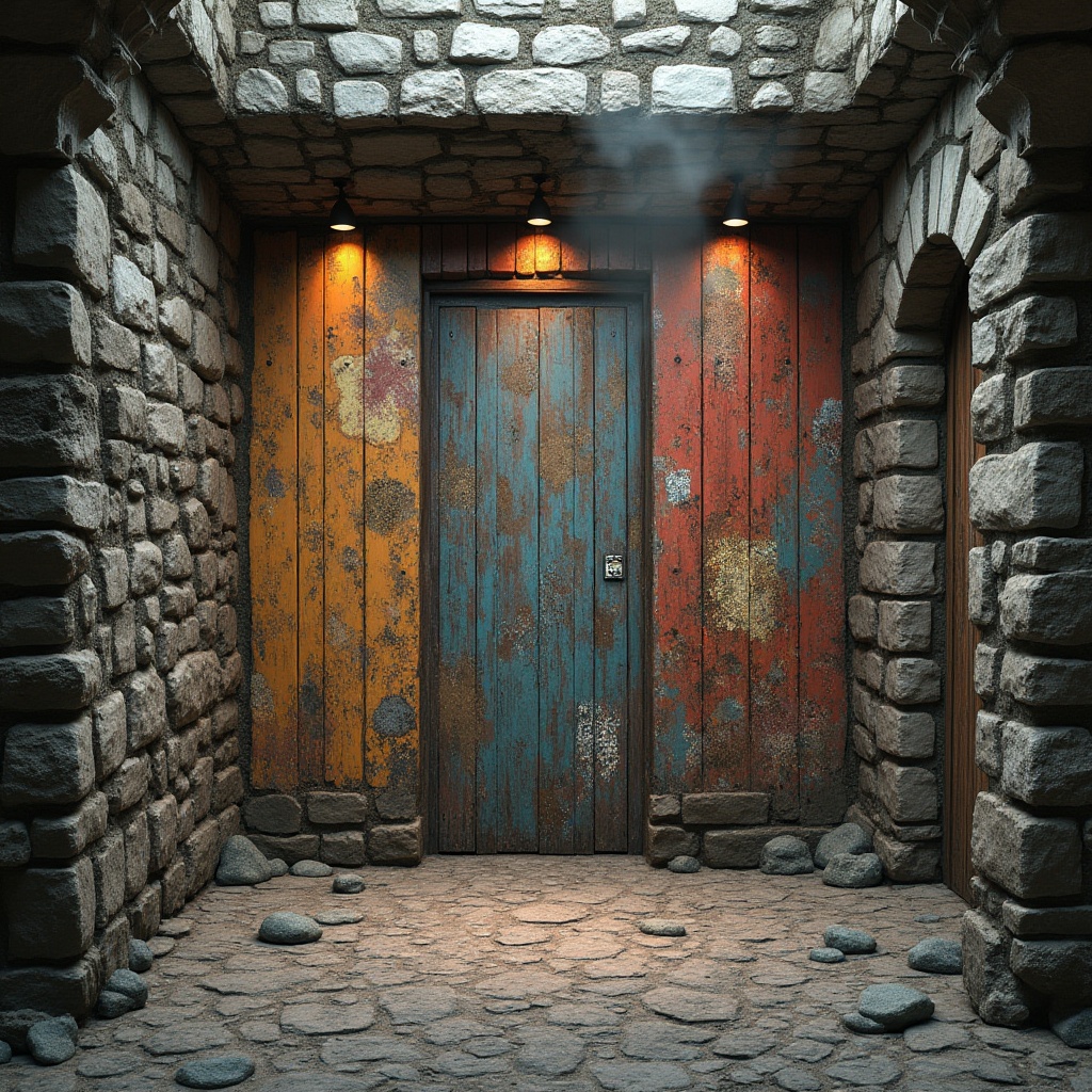 Prompt: Weathered stone walls, rustic wooden planks, distressed metal panels, vibrant graffiti murals, intricate mosaic patterns, colorful ceramic tiles, natural rock formations, rugged concrete textures, ornate Gothic architectural details, dramatic spotlighting, high-contrast shading, atmospheric fog effects, cinematic camera angles, shallow depth of field, 2/3 composition, realistic normal mapping.