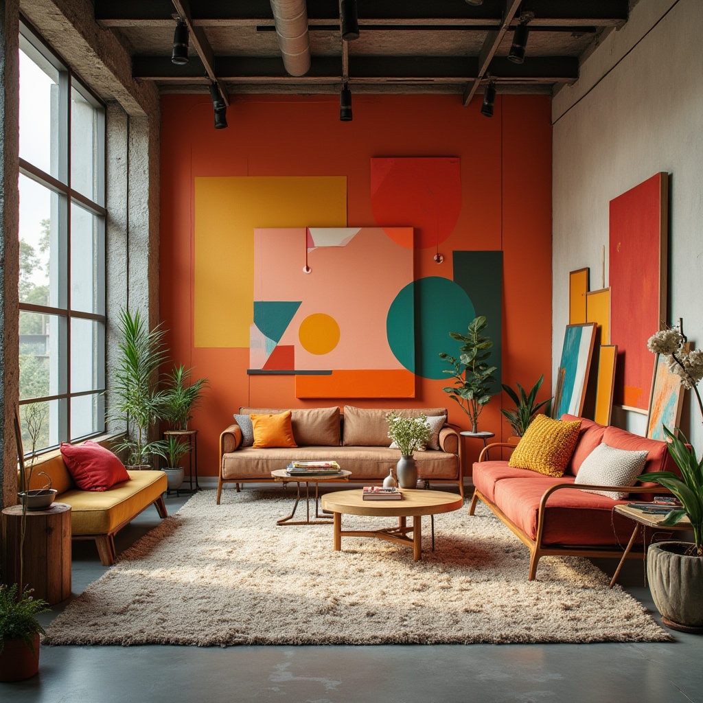 Prompt: Vibrant art studio, modern artistic space, abstract geometric shapes, bold colorful walls, eclectic furniture pieces, textured rugs, natural wood accents, industrial metal beams, oversized windows, soft warm lighting, shallow depth of field, 3/4 composition, panoramic view, realistic textures, ambient occlusion.