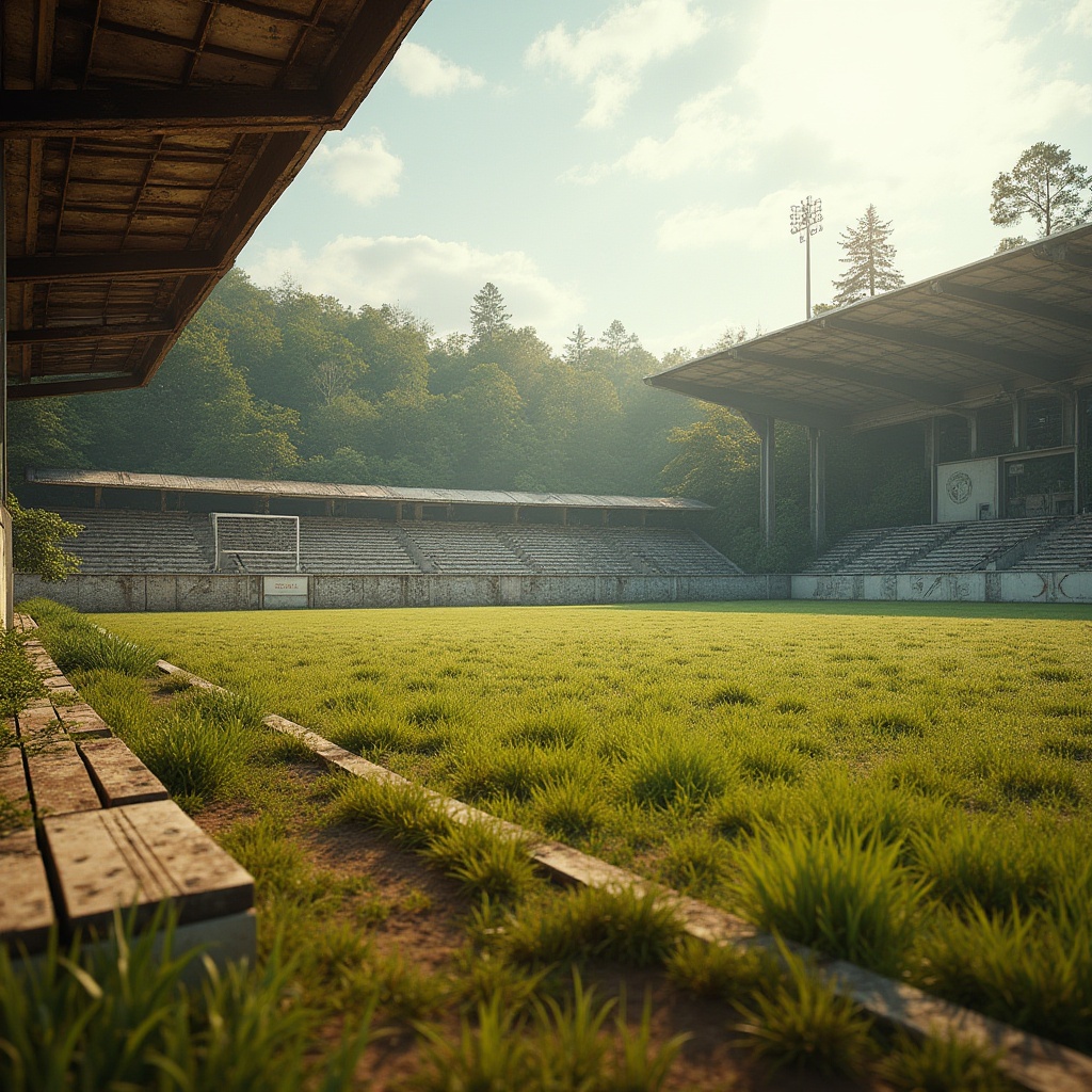 Prompt: Rustic sports fields, natural grass, earthy tones, weathered stone walls, wooden goalposts, vintage metal bleachers, distressed wood benches, faded team logos, nostalgic atmosphere, warm sunlight, soft focus, shallow depth of field, 1/1 composition, realistic textures, ambient occlusion.