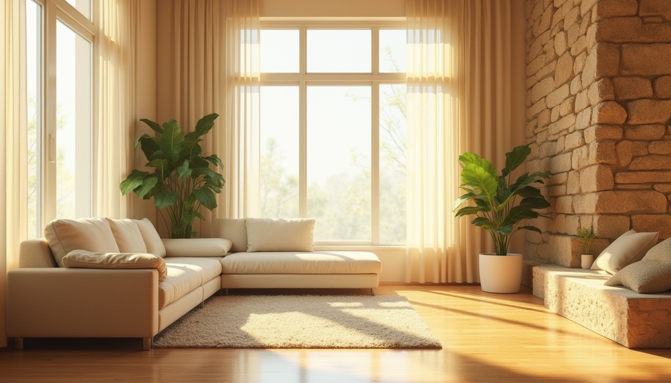 Prompt: Vibrant sunlit room, floor-to-ceiling windows, sheer curtains, warm beige walls, polished wooden floors, comfortable seating area, lush green plants, natural stone accent walls, modern minimalist decor, soft diffused light, gentle shadows, 1/1 composition, realistic textures, ambient occlusion.