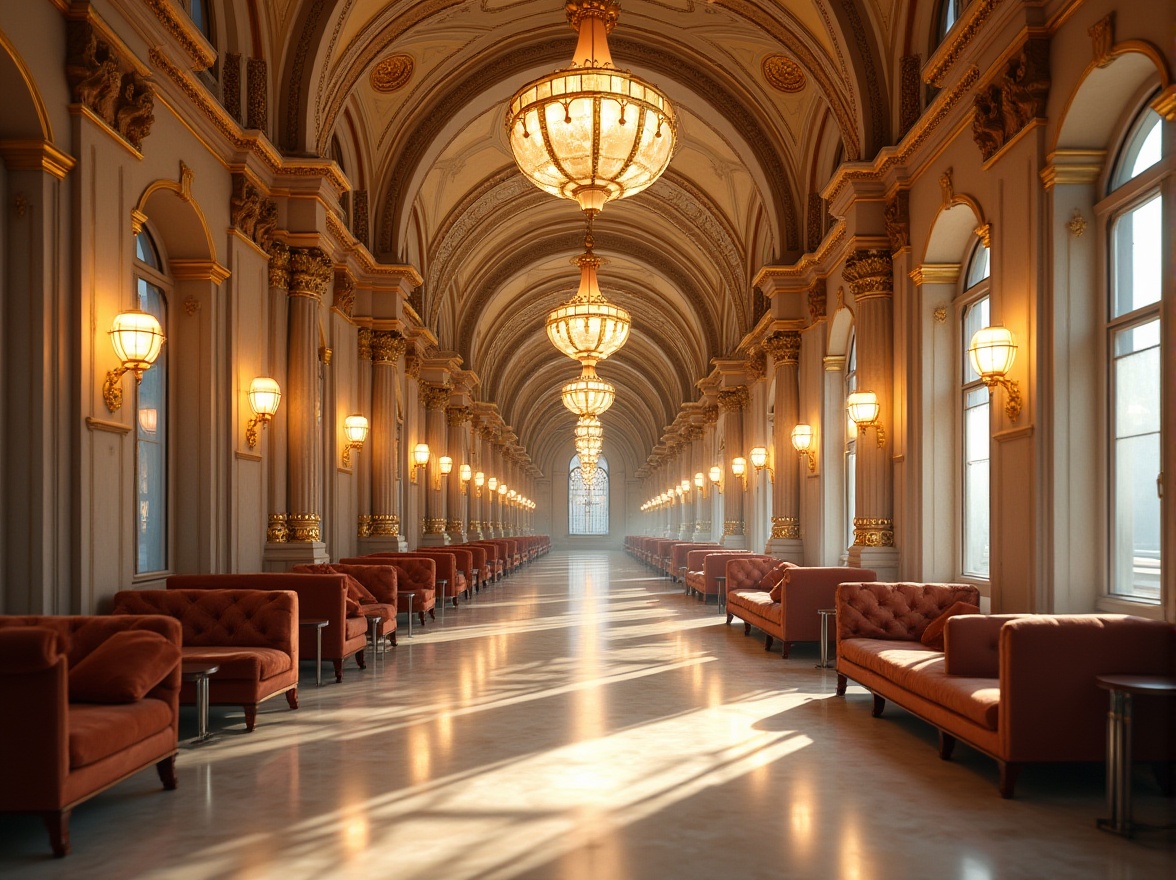 Prompt: Grandiose train station, ornate columns, intricate moldings, marble floors, elegant chandeliers, high ceilings, lavish furnishings, velvet upholstery, golden accents, subtle lighting, warm beige tones, limestone walls, polished metal fixtures, rich wood paneling, refined architectural details, imposing stone statues, vibrant frescoes, majestic archways, symmetrical compositions, soft focus, warm color palette, realistic reflections.