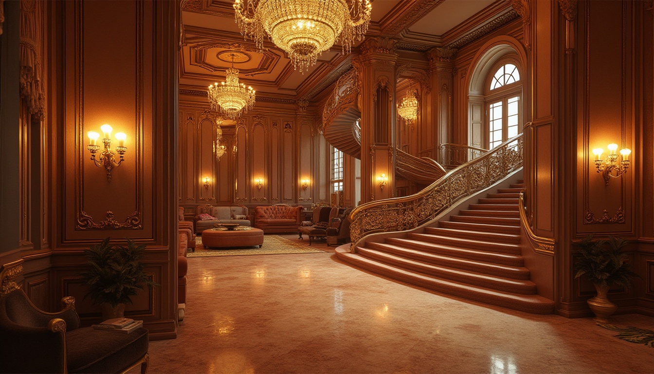 Prompt: Luxurious fitness club interior, ornate molding details, gilded accents, rich wood paneling, velvet drapes, crystal chandeliers, opulent furnishings, grandiose staircases, sweeping archways, dramatic lighting effects, warm golden tones, soft focus blur, 1/2 composition, low-angle shot, atmospheric perspective, realistic reflections.