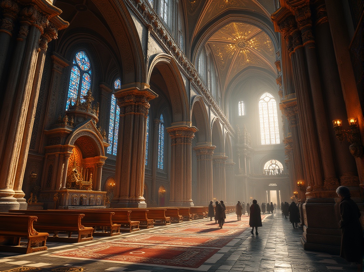 Prompt: Intricate stone carvings, ornate Gothic arches, grandiose cathedrals, vibrant stained glass windows, majestic bell towers, sacred relics, intricate mosaics, golden domes, Byzantine patterns, Baroque ornaments, mysterious ambiance, soft warm lighting, shallow depth of field, 3/4 composition, panoramic view, realistic textures, ambient occlusion.