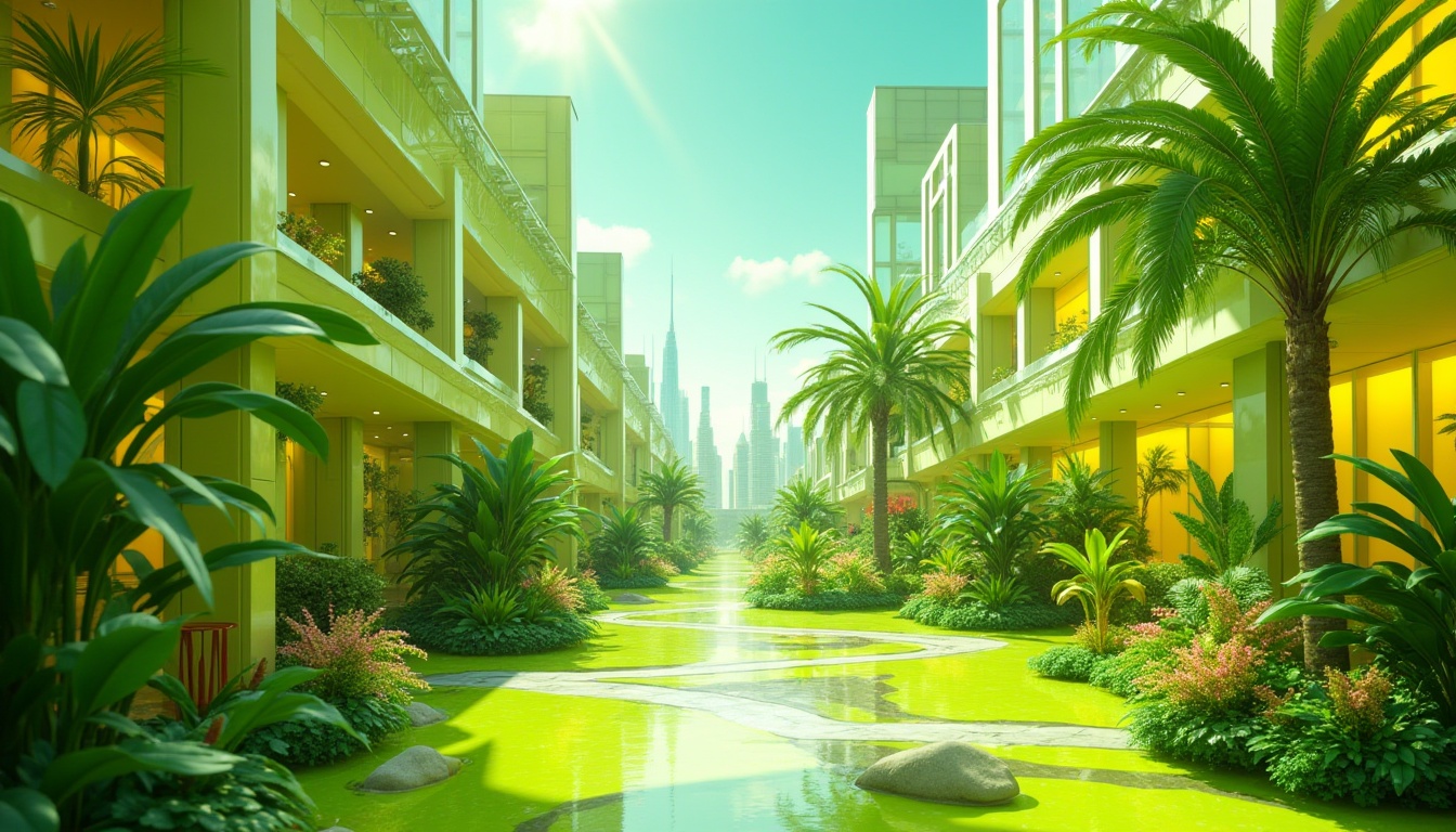 Prompt: Vibrant lime hues, energetic citrus accents, bold modern architecture, sleek glass facades, futuristic urban landscapes, neon-lit cityscapes, bright tropical flowers, lush greenery, geometric patterns, abstract shapes, 3D visual effects, high-contrast lighting, shallow depth of field, dynamic compositions, stylized textures, ambient occlusion.