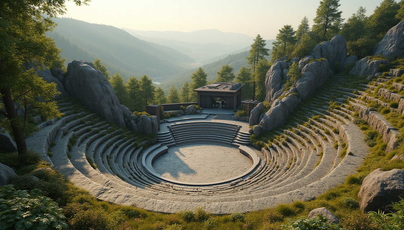 Prompt: Natural amphitheater setting, rolling hills, lush greenery, stone seating areas, tiered platforms, wooden walkways, scenic overlooks, dramatic rock formations, waterfall features, misting systems, soft warm lighting, shallow depth of field, 3/4 composition, panoramic view, realistic textures, ambient occlusion.