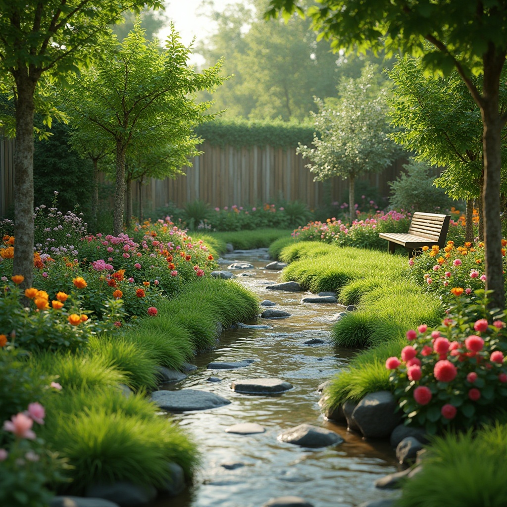 Prompt: Lush green lawns, blooming flower beds, natural stone pathways, meandering streams, serene water features, rustic wooden benches, vibrant colorful plants, organic garden designs, eco-friendly materials, sustainable irrigation systems, modern outdoor lighting, warm ambiance, shallow depth of field, 3/4 composition, panoramic view, realistic textures, ambient occlusion.