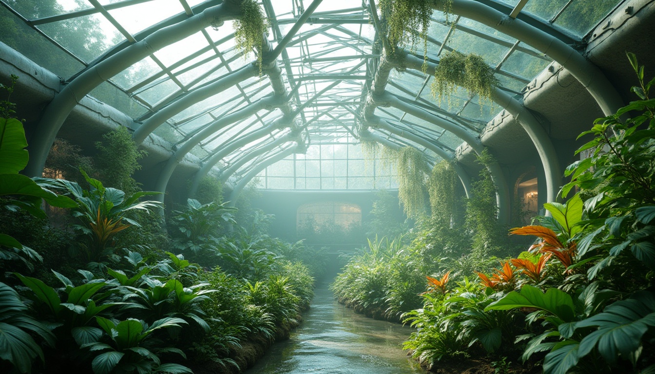 Prompt: Futuristic greenhouse, lush tropical plants, misty atmosphere, iridescent glass panels, curved steel frames, hydroponic systems, vertical farming, automated irrigation, recycled materials, energy-harvesting facades, self-sustaining ecosystem, zero-carbon footprint, natural ventilation, abundant daylight, soft diffused lighting, shallow depth of field, 3/4 composition, panoramic view, realistic textures, ambient occlusion.