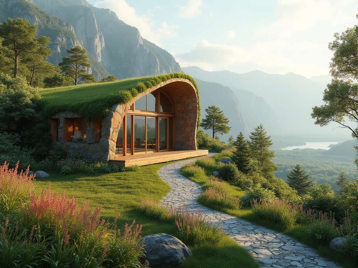 Prompt: Seamless landscape integration, blending architecture with nature, lush green roofs, living walls, natural stone facades, curved lines, organic forms, earthy tones, wooden accents, large windows, sliding glass doors, panoramic views, misty mountains, serene lakes, rustic trails, vibrant wildflowers, sunny afternoon, warm soft lighting, shallow depth of field, 2/3 composition, realistic textures, ambient occlusion.