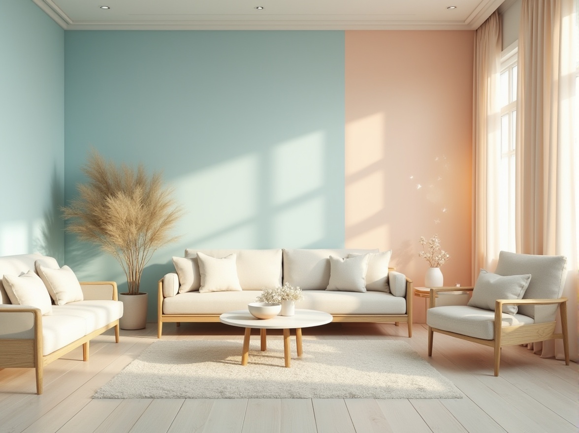 Prompt: \Calm sky blue walls, creamy white accents, warm beige furniture, natural wood textures, soft peach undertones, gentle cloud-inspired patterns, airy open spaces, minimalist decor, subtle gradient effects, warm golden lighting, shallow depth of field, 1/1 composition, realistic renderings, ambient occlusion.\Let me know if this meets your requirements!