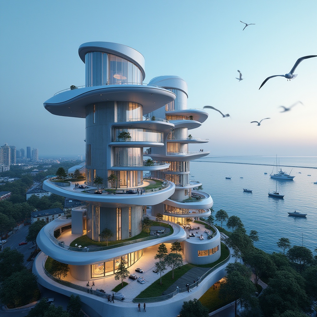 Prompt: Futuristic watching towers, sleek metallic structures, curved lines, modern minimalist design, waterfront location, ocean views, blue horizon, seagulls flying, sailboats sailing, yachts docked, luxurious amenities, high-rise apartments, floor-to-ceiling windows, sliding glass doors, balconies with railings, outdoor recreational spaces, green roofs, sustainable building materials, innovative cooling systems, shaded walkways, misting systems, vibrant nighttime lighting, 3/4 composition, panoramic view, realistic textures, ambient occlusion.