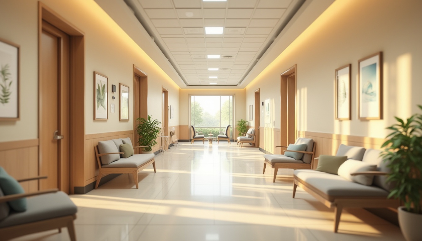 Prompt: Soothing hospital corridors, calming natural light, warm beige walls, comfortable waiting areas, sleek modern furniture, gentle curves, minimal decor, acoustic panels, soft flooring, peaceful artwork, serene patient rooms, adjustable lighting, ergonomic chairs, calming colors, natural materials, efficient nurse stations, advanced medical equipment, quiet atmosphere, shallow depth of field, 1/2 composition, warm color temperature, realistic textures.