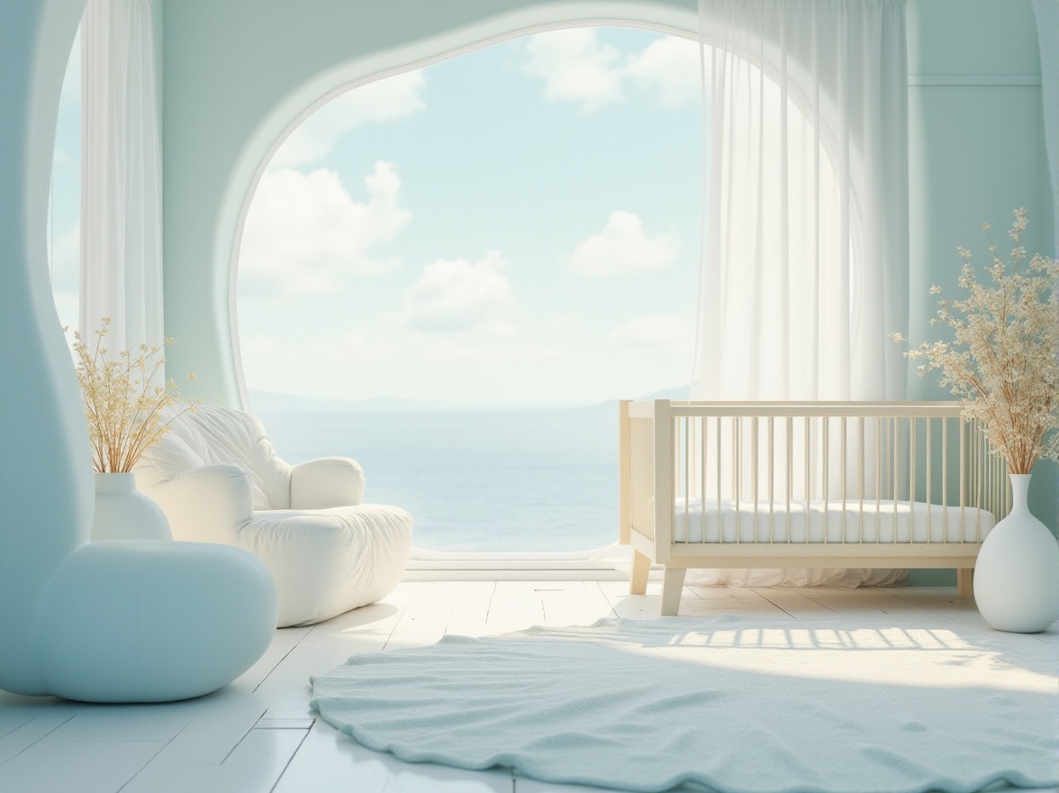 Prompt: Soft baby blue hues, calming atmosphere, gentle curves, rounded shapes, creamy whites, pale woods, minimalist decor, natural textiles, subtle patterns, soothing ambiance, peaceful surroundings, serene landscapes, cloudy skies, gentle breezes, warm sunlight, shallow depth of field, 1/1 composition, realistic rendering, ambient occlusion.