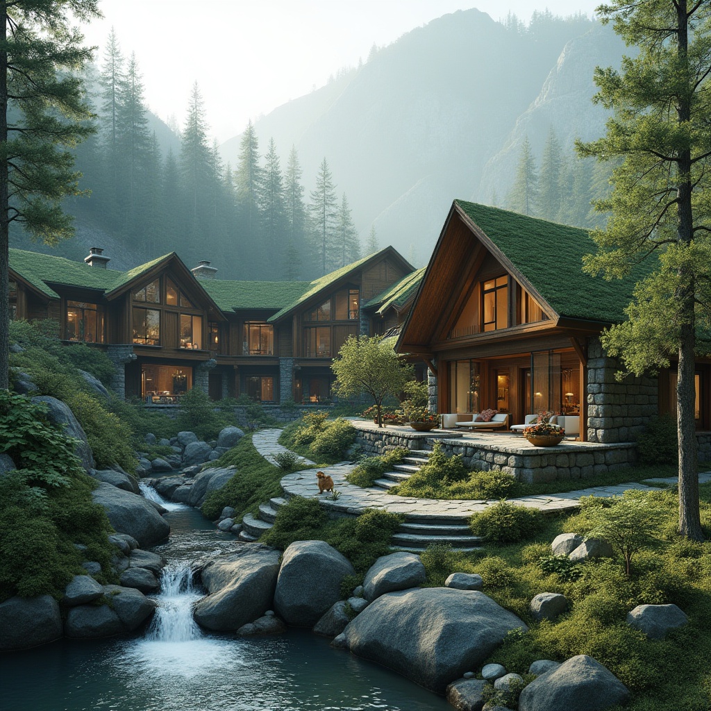 Prompt: Harmonious mountain lodge, rustic wooden accents, natural stone walls, green roofs, cascading waterfalls, serene forest surroundings, misty morning atmosphere, soft diffused lighting, shallow depth of field, 1/1 composition, panoramic view, realistic textures, ambient occlusion, organic forms, curved lines, earthy color palette, sustainable building materials, eco-friendly design, blended boundaries, seamless integration.