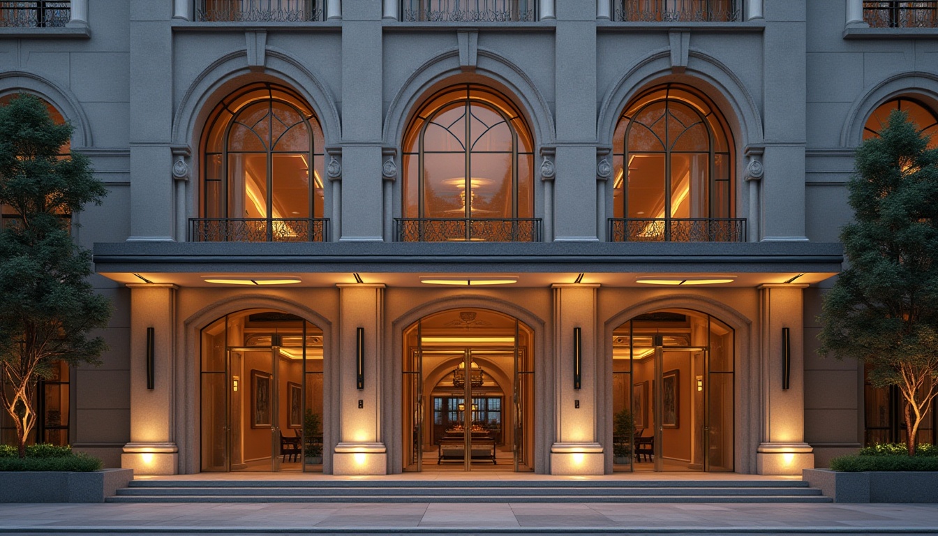 Prompt: Elegant building facade, sophisticated architectural details, grand entranceways, ornate metalwork, lavish stonework, vibrant LED lighting, modern glass curtain walls, sleek aluminum frames, minimalist design language, neutral color palette, subtle texture variations, shallow depth of field, 1/1 composition, soft warm illumination, realistic material reflections, ambient occlusion.