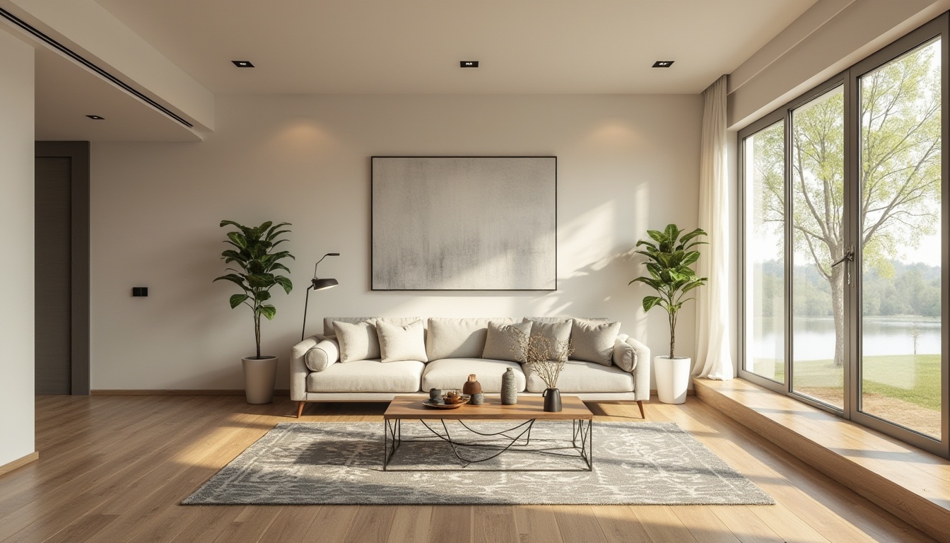 Prompt: Modern living room, sleek minimalism, polished wooden flooring, cream-colored walls, floor-to-ceiling windows, natural light pouring in, comfortable sectional sofa, geometric-patterned rug, industrial-chic coffee table, metallic accents, ambient warm lighting, 1/1 composition, realistic textures, soft focus blur.