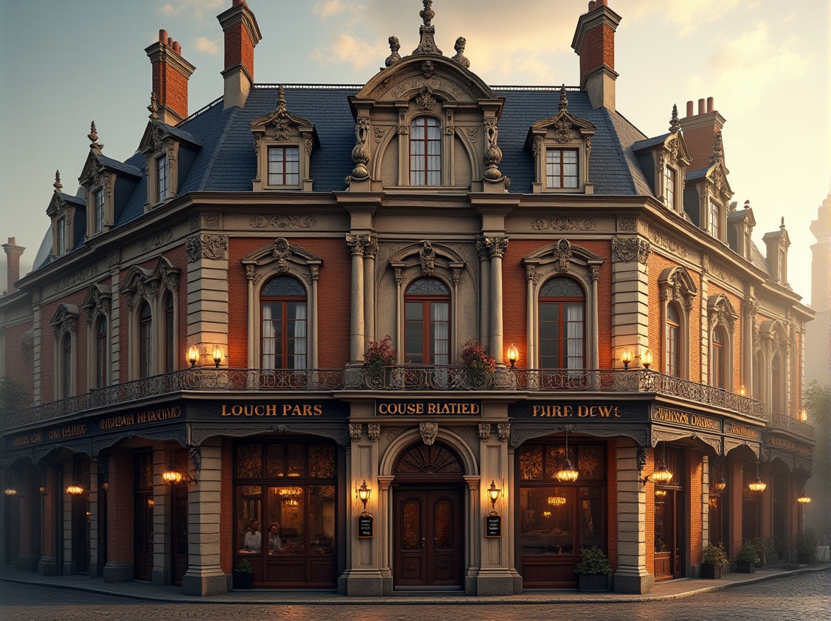 Prompt: Grandiose pub facade, ornate classical details, carved stone columns, intricately patterned friezes, richly textured brick walls, grand entrance archways, ornamental metal railings, vintage lanterns, majestic clock towers, imposing roof balustrades, symmetrical composition, warm golden lighting, subtle shadowing, atmospheric mist, 1/2 perspective view, realistic material textures, detailed architectural ornaments.