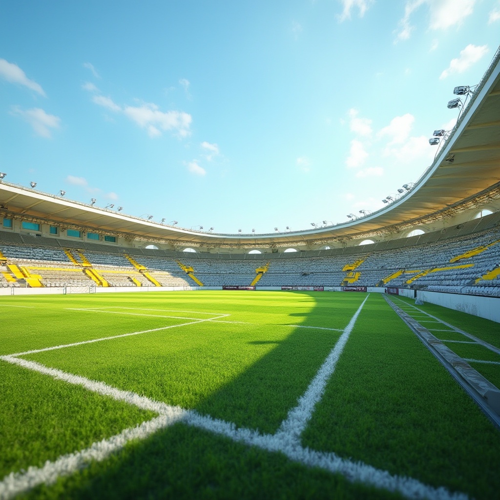 Prompt: Vibrant sports field, lush green grass, bright white lines, bold yellow goalposts, sturdy metal fences, weathered wood benches, athletic tracks, modern floodlights, clear blue sky, warm sunny day, shallow depth of field, 3/4 composition, panoramic view, realistic textures, ambient occlusion.