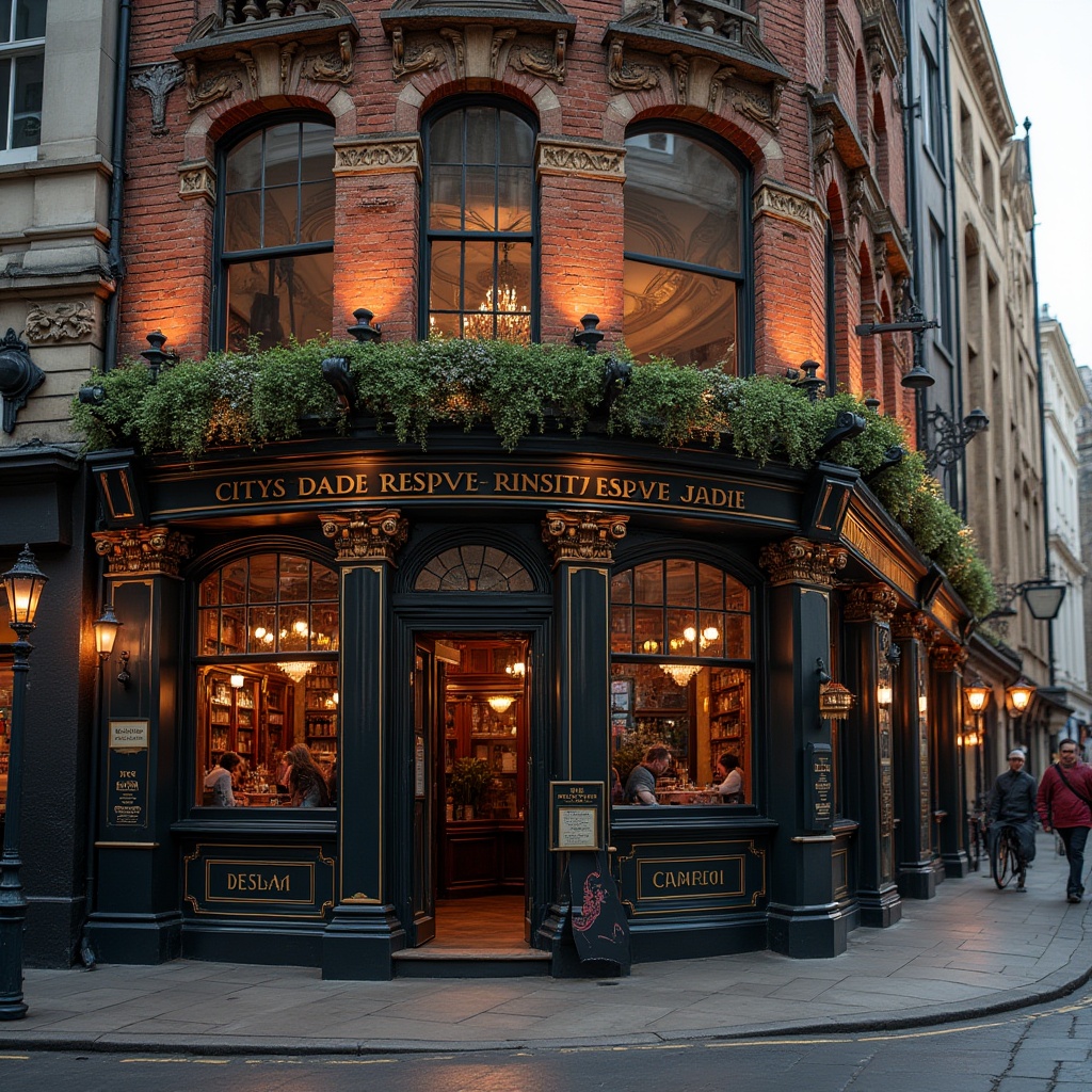 Prompt: Grandiose pub facade, ornate classical details, intricately carved stonework, symmetrical composition, majestic columns, arched windows, richly textured brick walls, ornamental cornices, grand entrance doors, subtle warm lighting, shallow depth of field, 1/1 composition, realistic textures, ambient occlusion, historic cityscape, bustling street scene, lively atmosphere, vibrant pub signs, traditional British heritage, nostalgic ambiance.