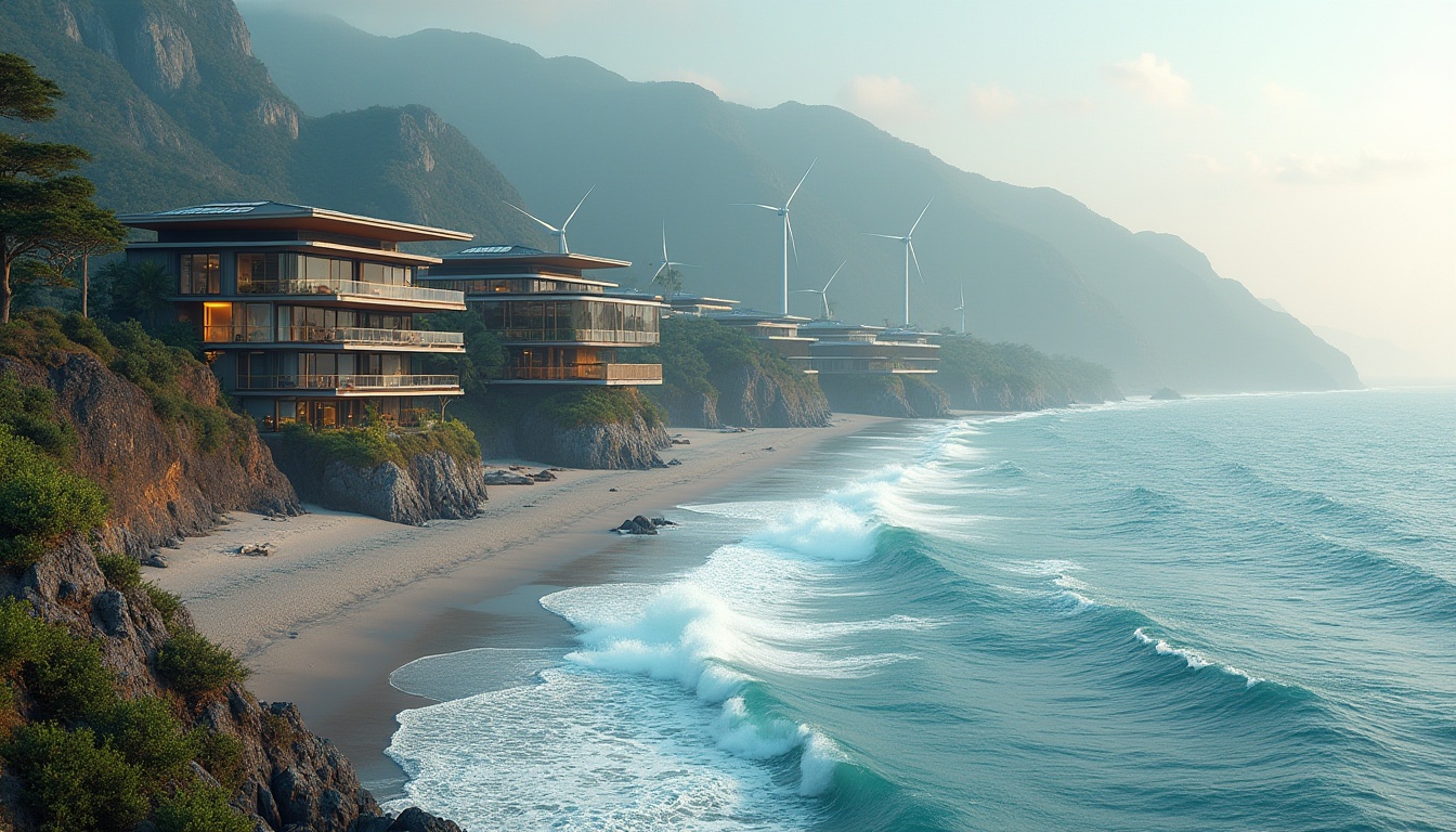 Prompt: Wave-crashing coastline, ocean breeze, salty air, rugged cliffs, sandy beaches, modern coastal architecture, cantilevered buildings, floor-to-ceiling glass windows, minimalist balconies, nautical-themed railings, weathered wooden accents, rust-resistant metal cladding, dynamic LED lighting, wind-powered turbines, solar panels, green roofs, eco-friendly materials, curved lines, asymmetrical structures, dramatic overhangs, misty mornings, soft diffused light, 1/2 composition, realistic textures, ambient occlusion.