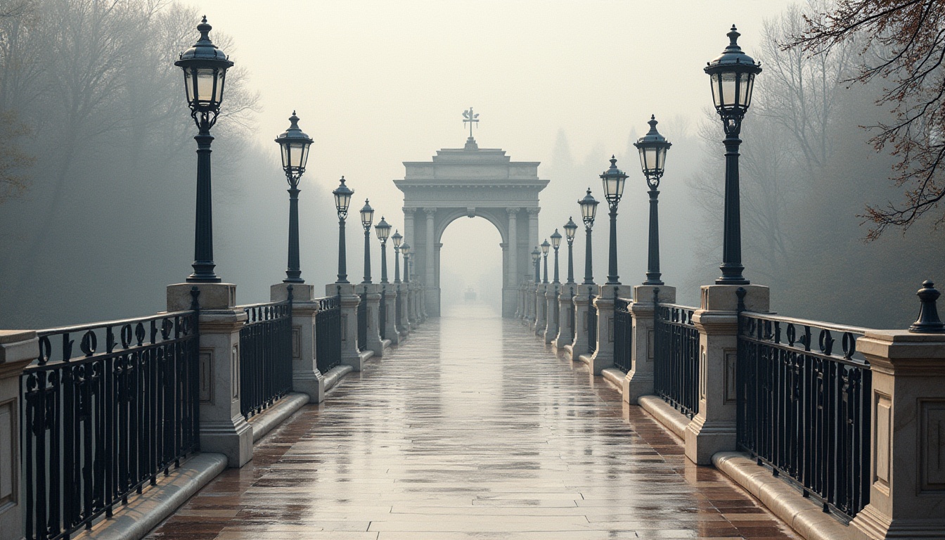 Prompt: Elegant pedestrian bridge, ornate metal railings, classical arches, symmetrical composition, rusticated stone piers, grandiose lamp posts, ornamental lanterns, curved staircases, wrought iron details, neoclassical columns, Doric capitals, travertine flooring, subtle water reflections, misty morning atmosphere, soft diffused lighting, shallow depth of field, 1/2 composition, realistic textures, ambient occlusion.