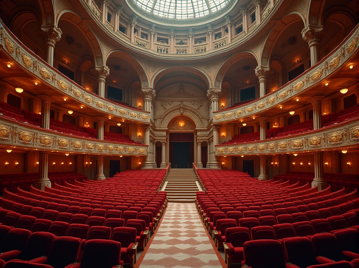 Prompt: Grandiose amphitheater, ornate Romanesque architecture, tiered seating arrangement, curved rows, luxurious velvet upholstery, golden accents, intricate stone carvings, majestic archways, grand staircase, regal balconies, dramatic spotlights, warm ambiance, soft focus lighting, 1/2 composition, shallow depth of field, symmetrical framing.