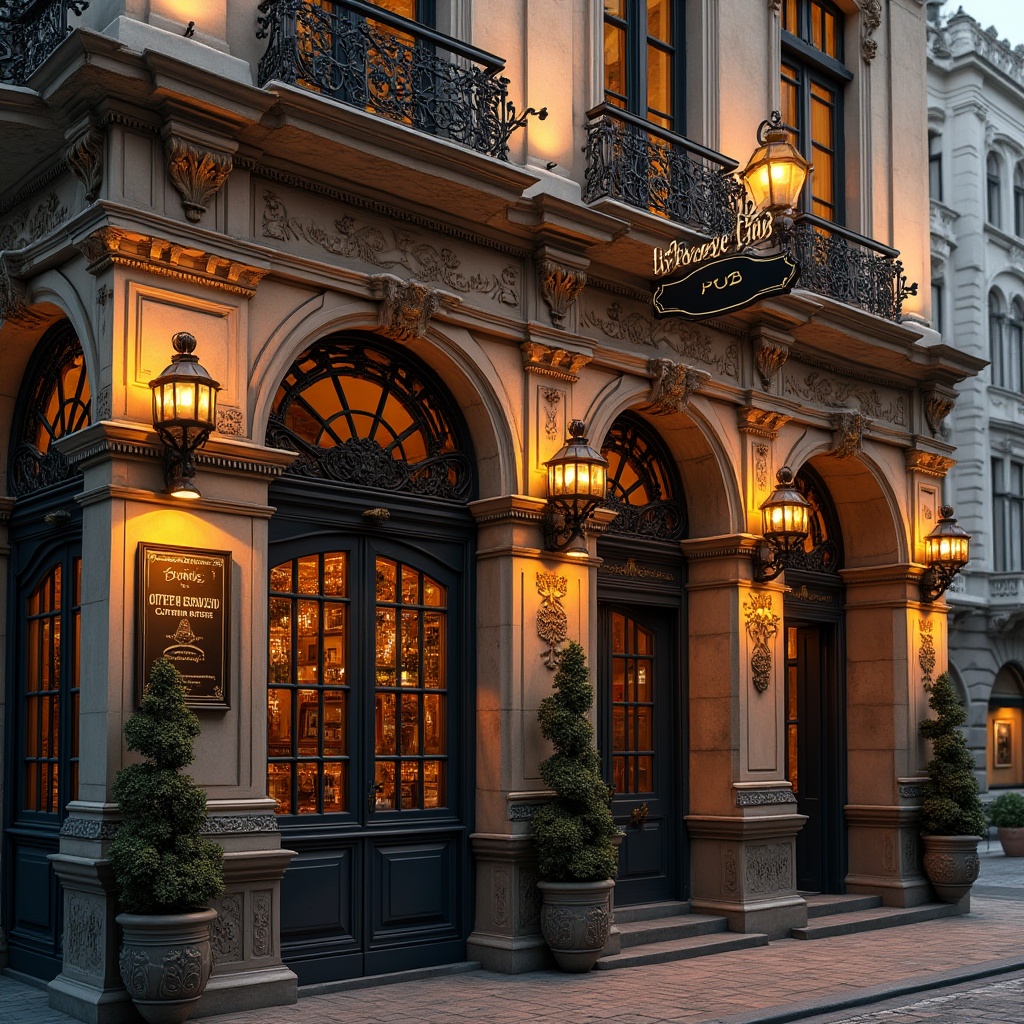 Prompt: Grandiose pub facade, ornate classical details, richly textured stone walls, intricate carvings, Corinthian columns, arched windows, decorative pediments, lavish balconies, ornamental ironwork, warm golden lighting, soft focus, shallow depth of field, 2/3 composition, symmetrical arrangement, realistic textures, ambient occlusion, vintage signage, elegant typography.