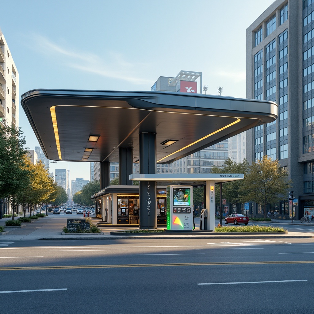 Prompt: Modern gas station, sleek metal canopy, LED lighting strips, futuristic fuel pumps, glossy paint finishes, angular lines, minimalist design, eco-friendly materials, solar panels, green roofs, innovative ventilation systems, shaded outdoor spaces, misting systems, urban cityscape, busy street intersection, vibrant colorful branding, dynamic digital signage, 3/4 composition, shallow depth of field, panoramic view, realistic textures, ambient occlusion.