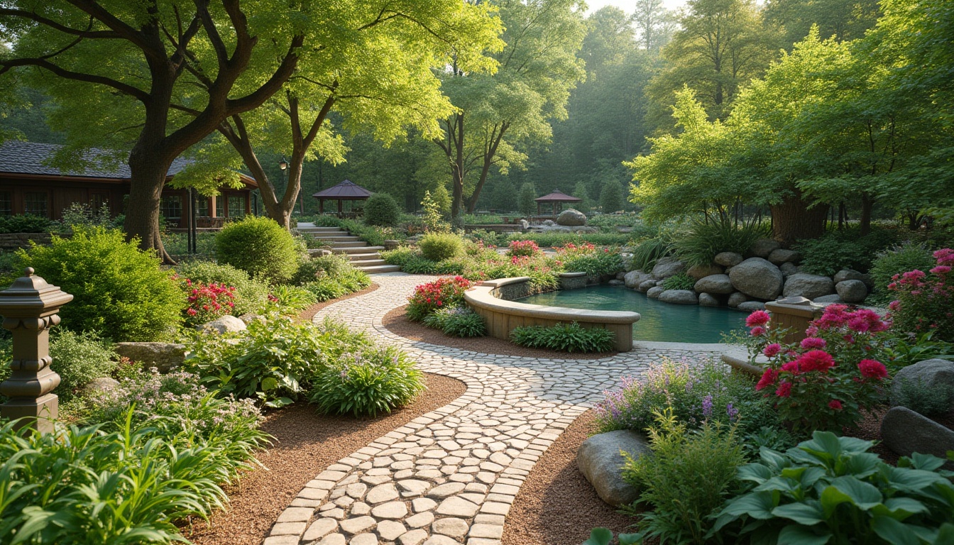 Prompt: Lush greenery, serpentine walkways, vibrant flowers, natural stone retaining walls, curved wooden benches, tranquil water features, birdhouses, butterfly gardens, native plant species, organic mulch, soft warm lighting, shallow depth of field, 3/4 composition, panoramic view, realistic textures, ambient occlusion.