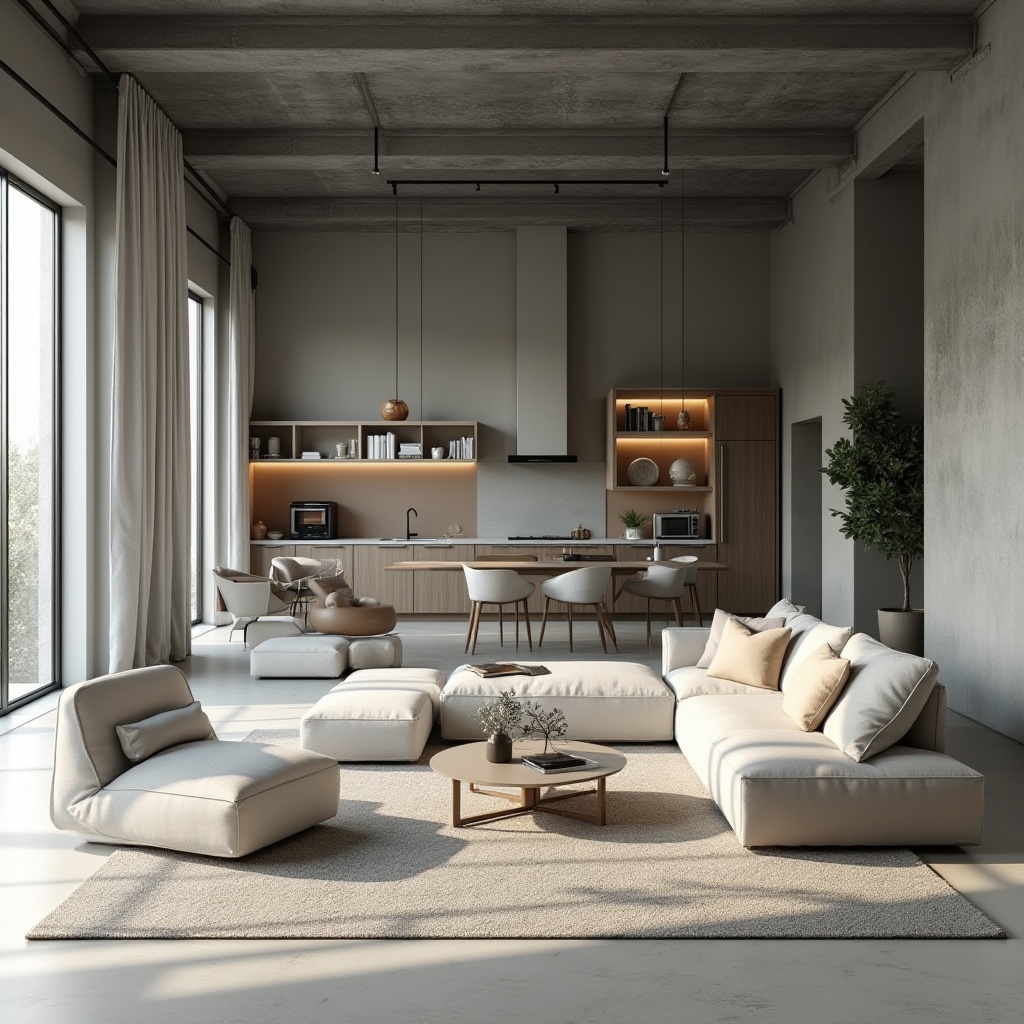 Prompt: Simple minimalist living room, sleek low-profile furniture, monochromatic color scheme, polished concrete floors, industrial-chic metal beams, floor-to-ceiling windows, natural light, airy atmosphere, decluttered shelves, hidden storage compartments, multi-functional spaces, compact kitchenette, built-in appliances, minimalist decor, subtle textures, soft warm lighting, shallow depth of field, 1/1 composition, realistic renderings, ambient occlusion.