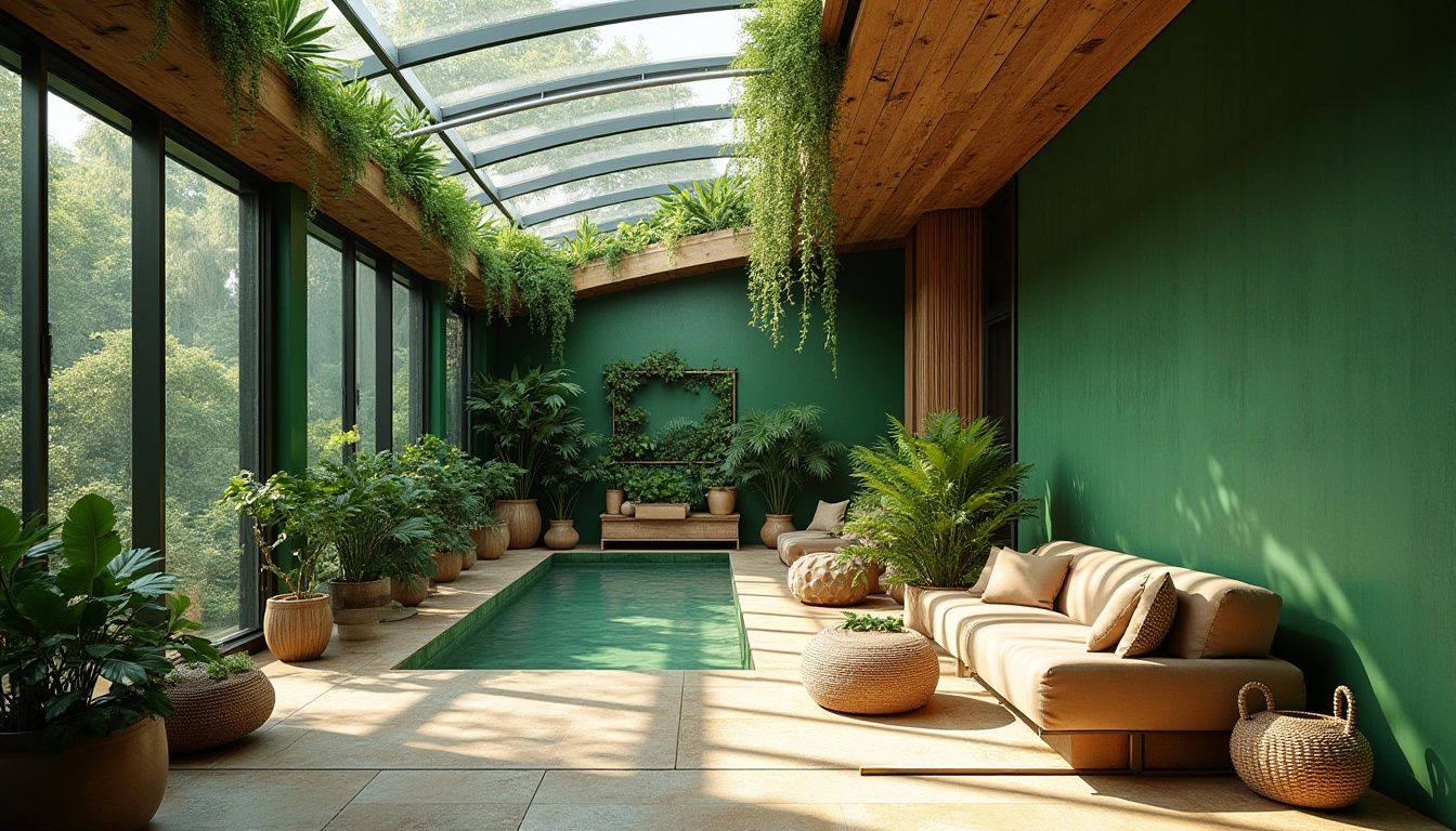 Prompt: Vibrant green walls, living plants, natural stone floors, reclaimed wood accents, organic shapes, curved lines, earthy color palette, abundant daylight, clerestory windows, skylights, indoor gardens, water features, bioluminescent lighting, nature-inspired patterns, textured fabrics, woven baskets, rattan furniture, bamboo elements, minimalist decor, calming ambiance, soft natural light, shallow depth of field, 3/4 composition, realistic textures, ambient occlusion.