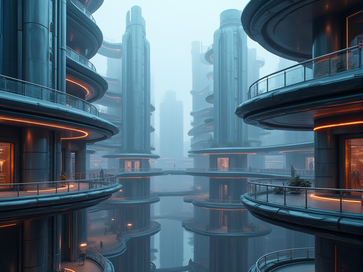 Prompt: Curved futuristic buildings, metallic materials, neon lights, glowing accents, atmospheric mist, foggy ambiance, urban cityscape, dense skyscrapers, elevated walkways, cantilevered structures, dynamic shapes, parametric design, algorithmic patterns, iridescent colors, holographic displays, virtual reality interfaces, cyberpunk atmosphere, high-tech laboratories, robotic assembly lines, advanced engineering facilities, minimalist interior design, sleek lines, futuristic furniture, ambient lighting, shallow depth of field, 1/1 composition, wide-angle lens, realistic reflections.