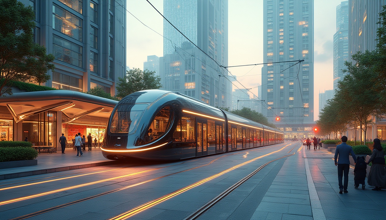 Prompt: Futuristic tram station, curved glass facade, dynamic LED lighting, sleek metal frames, angular lines, modern minimalist architecture, vibrant cityscape, bustling urban atmosphere, morning rush hour, soft warm glow, shallow depth of field, 3/4 composition, panoramic view, realistic textures, ambient occlusion, green roofs, eco-friendly materials, innovative cooling technologies, shaded outdoor spaces, misting systems, geometric patterns, colorful urban art.