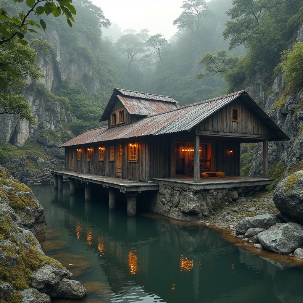 Prompt: Rustic boathouse, brutalist architecture, rough-hewn stone walls, weathered wooden docks, corrugated metal roofs, industrial steel beams, rugged concrete foundations, distressed wood accents, moss-covered stones, overgrown vegetation, murky water reflections, misty morning atmosphere, warm natural lighting, shallow depth of field, 2/3 composition, symmetrical framing, high-contrast textures, ambient occlusion.