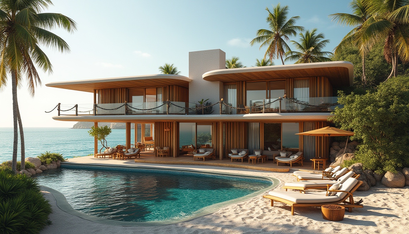 Prompt: Coastal villa, curved lines, wooden accents, large overhangs, cantilevered roofs, open-air decks, ocean views, sandy dunes, palm trees, driftwood decorations, nautical ropes, weathered steel frames, glass railings, minimal ornamentation, natural ventilation, cross-breeze circulation, shaded outdoor spaces, misting systems, tropical plants, soft warm lighting, 1/1 composition, realistic textures, ambient occlusion.Please let me know if this meets your requirements!