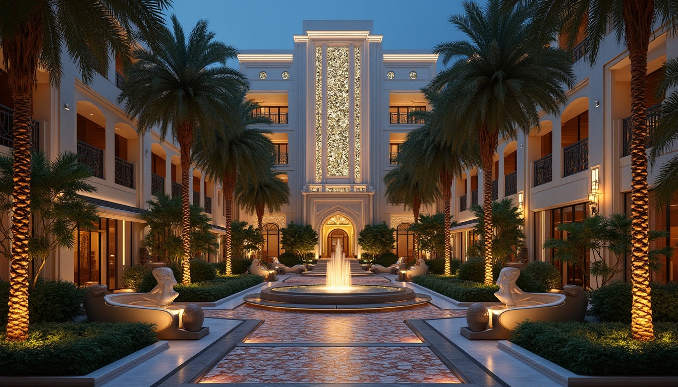 Prompt: Geometric Art Deco building, luxurious courtyard, ornate metalwork, symmetrical gardens, vibrant tropical plants, palm trees, statement sculptures, elegant fountains, grand staircases, sleek stone walkways, bold colorful tile patterns, metallic accents, lavish lighting fixtures, dramatic nighttime illumination, low-angle shot, cinematic composition, high-contrast rendering, detailed textures.