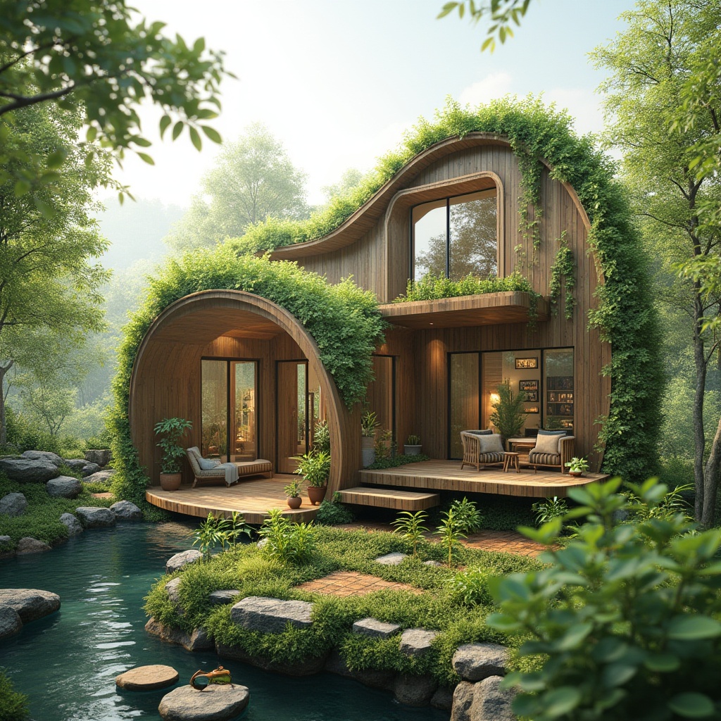 Prompt: Eco-friendly architecture, recycled materials, low-carbon footprint, green roofs, living walls, solar panels, wind turbines, rainwater harvesting systems, grey water reuse, bamboo structures, reclaimed wood accents, energy-efficient windows, insulated walls, passive house design, natural ventilation systems, organic shapes, curvaceous lines, earthy color palette, abundant natural light, soft warm ambiance, shallow depth of field, 2/3 composition, realistic textures, ambient occlusion.