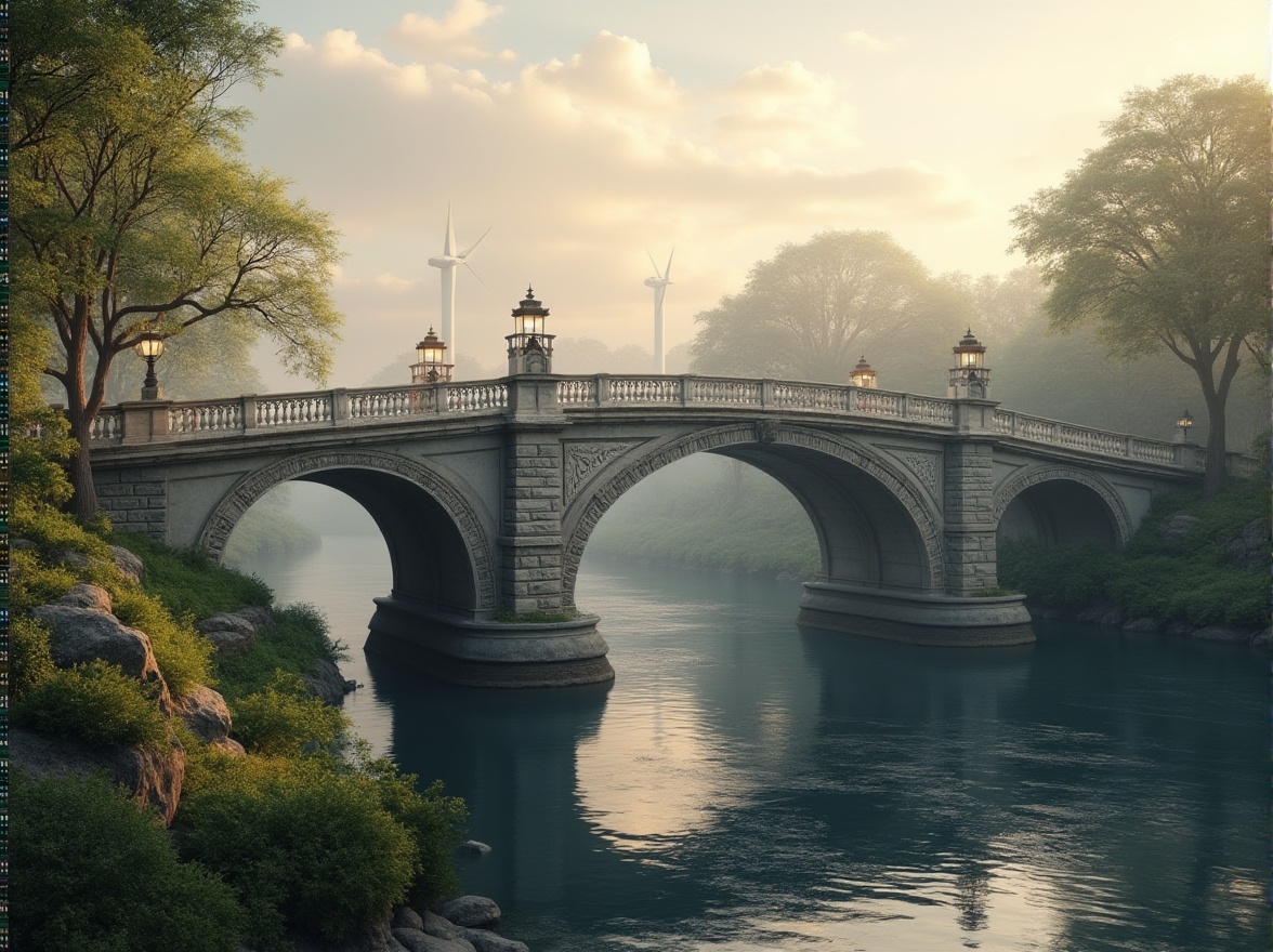 Prompt: Elegant neoclassical bridge, curved arches, ornate stone carvings, sustainable materials, recycled steel, low-maintenance design, energy-efficient lighting, solar panels, wind turbines, green roofs, eco-friendly concrete, innovative stormwater management systems, rain gardens, permeable pavements, native plant species, serene river views, misty morning atmosphere, soft warm lighting, shallow depth of field, 1/2 composition, symmetrical framing, realistic textures, ambient occlusion.