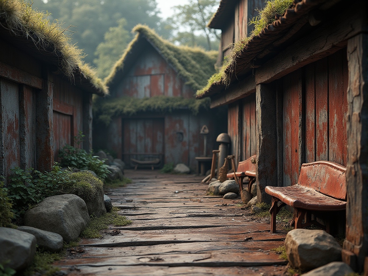 Prompt: Rustic wooden planks, weathered stone walls, distressed metal sheets, worn leather upholstery, faded fabric patterns, rough-hewn boulders, peeling paint finishes, cracked concrete surfaces, aged brick facades, moss-covered roofs, overgrown vegetation, misty atmosphere, soft warm lighting, shallow depth of field, 1/1 composition, realistic textures, ambient occlusion.