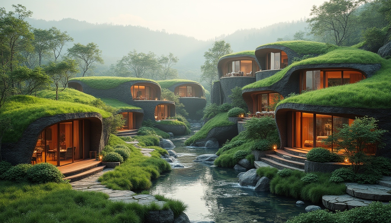 Prompt: Harmonious hillside retreat, lush green roofs, cantilevered structures, organic curves, natural stone fa\u00e7ades, wooden accents, large windows, sliding glass doors, panoramic views, seamless indoor-outdoor transitions, rustic pathways, native plant species, serene water features, soft warm lighting, atmospheric misting systems, 3/4 composition, realistic textures, ambient occlusion.