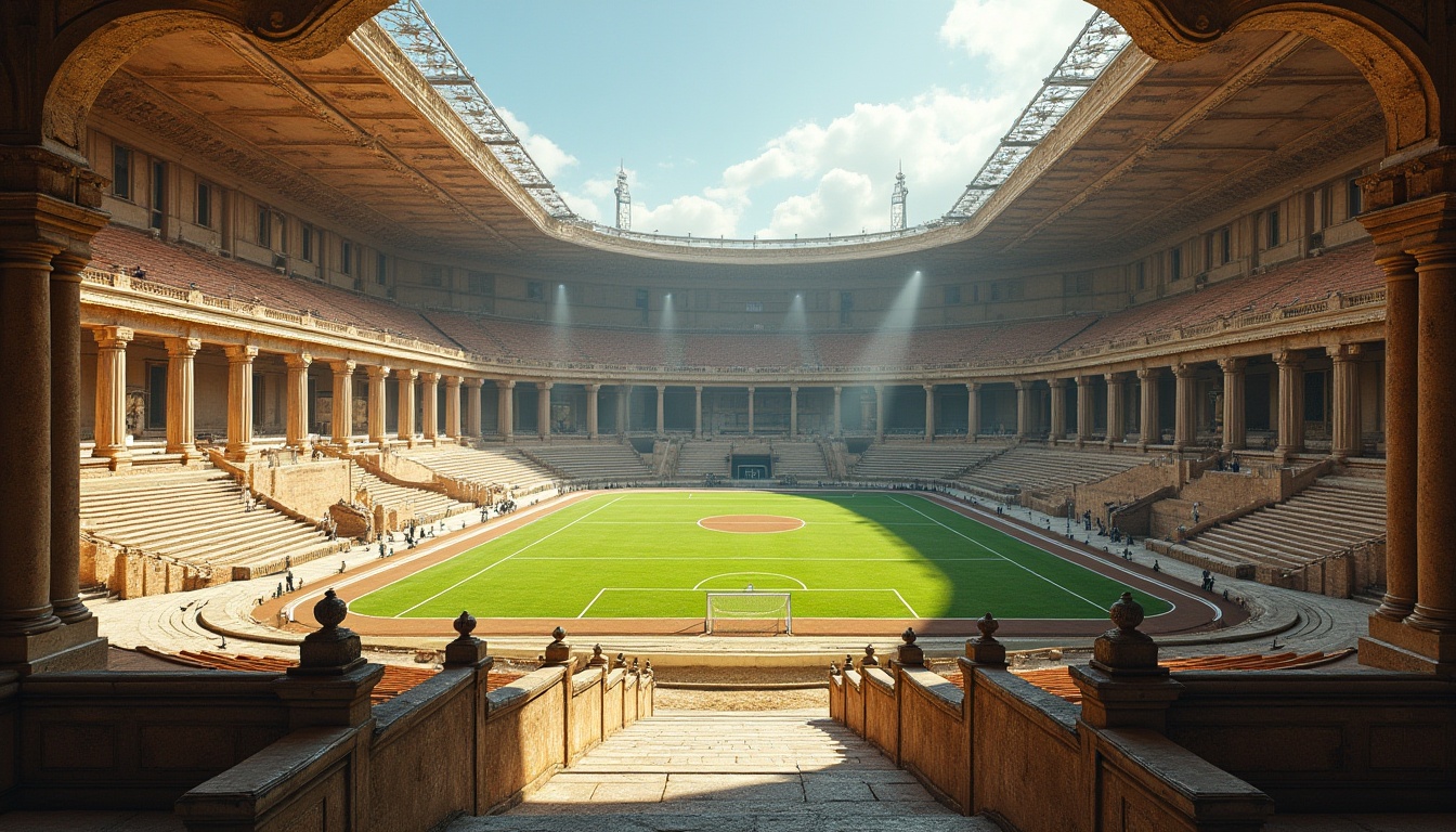 Prompt: Ancient Roman-inspired sports stadium, grandiose arches, ornate columns, rustic stone walls, vibrant green turf, athletic tracks, soccer goals, tennis courts, basketball hoops, spectator seating, tiered stands, triumphal entrances, imposing gates, classic sculptures, intricate moldings, warm beige stonework, earthy red roofs, dramatic spotlights, high-contrast shadows, cinematic framing, symmetrical composition, heroic statues.