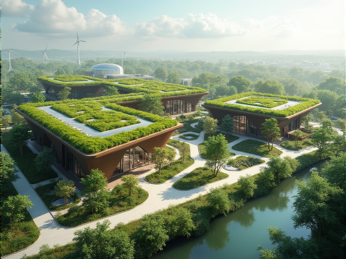 Prompt: Eco-friendly building complex, lush green roofs, solar panels, wind turbines, rainwater harvesting systems, grey water reuse, natural ventilation, high-performance insulation, recycled materials, low-carbon footprint, modern minimalist design, angular lines, abundant natural light, clerestory windows, skylights, shaded outdoor spaces, misting systems, native plant species, organic gardens, composting facilities, educational signage, interactive exhibits, panoramic views, realistic textures, ambient occlusion.