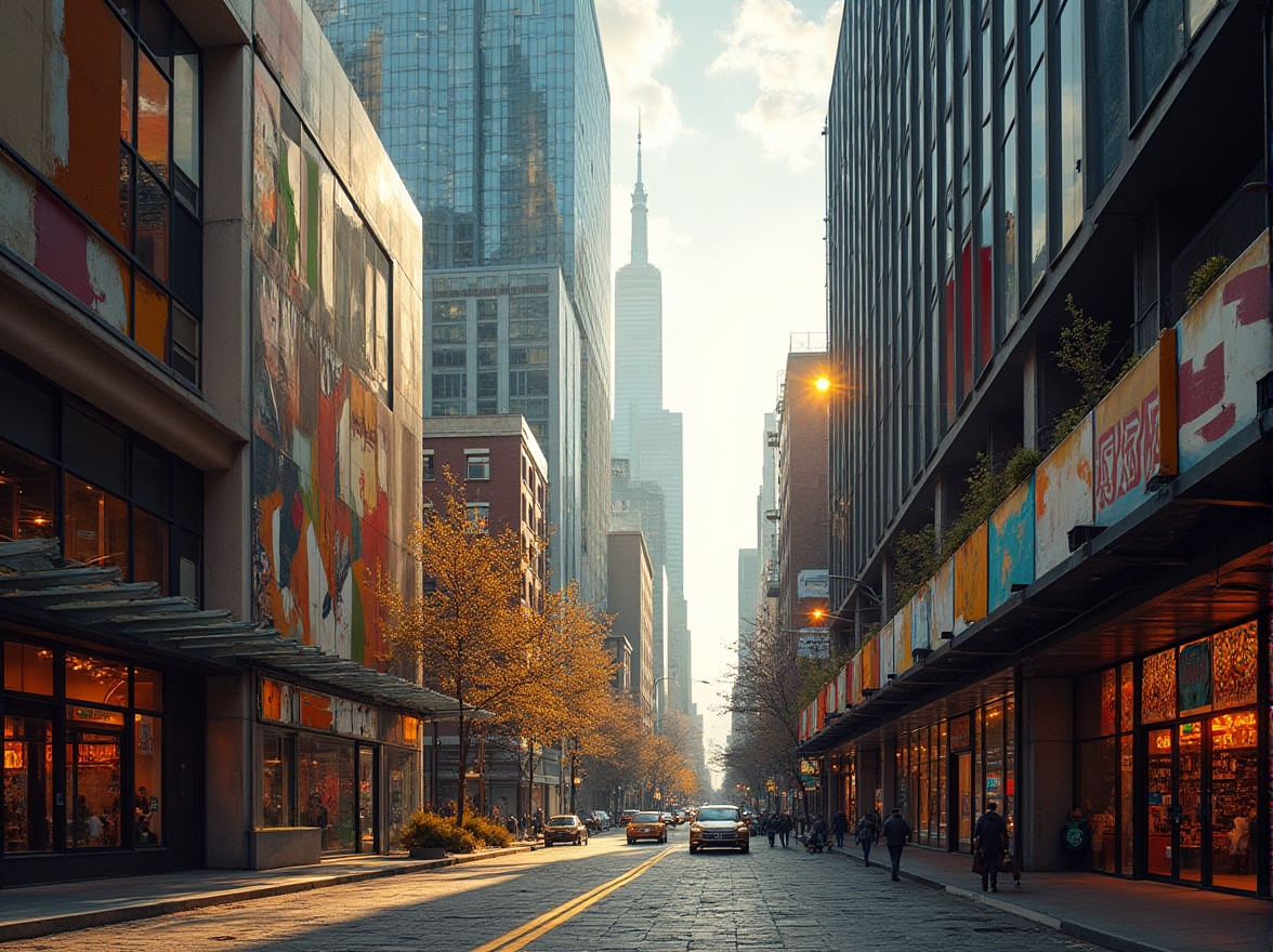 Prompt: Rich urban landscape, modern architecture, sleek glass skyscrapers, metallic accents, bold color blocks, vibrant street art, eclectic mix of textures, industrial chic atmosphere, warm golden lighting, deep shadows, dramatic contrast, 1/2 composition, cinematic view, realistic reflections, subtle noise texture.