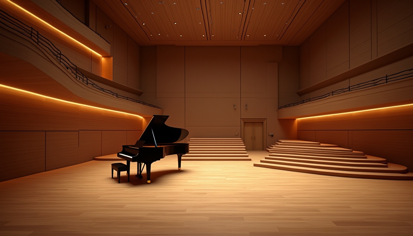 Prompt: Intimate concert hall, wooden flooring, sound-absorbing panels, tiered seating, grand piano, stage lighting, warm ambiance, natural wood tones, acoustic screens, soundproofing materials, minimalist decor, optimized speaker placement, 3D audio simulation, immersive sound experience, shallow depth of field, soft focus, warm color temperature, realistic textures, ambient occlusion.