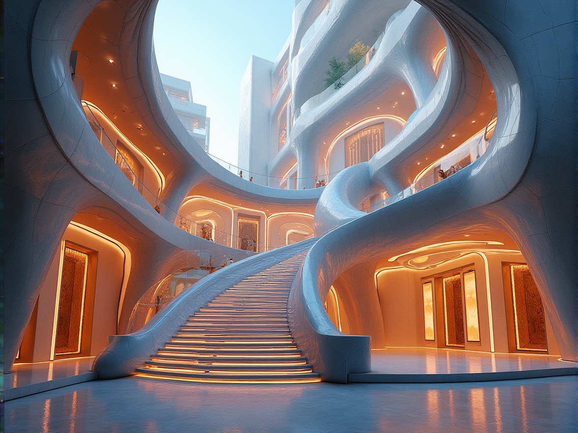 Prompt: Undulating curves, flowing lines, organic shapes, futuristic buildings, iridescent glass facades, shimmering steel structures, soft warm lighting, gentle shadows, 3/4 composition, atmospheric perspective, vibrant colorful accents, intricate geometric patterns, ornate decorations, grand entranceways, sweeping staircases, luxurious interiors, ambient occlusion, realistic textures.