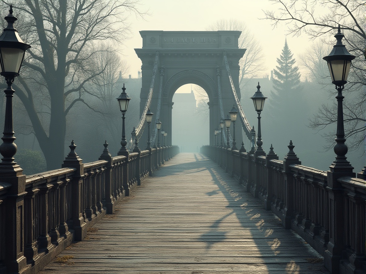 Prompt: Elegant academic bridge, rustic stone arches, ornate metal railings, weathered wooden decking, classic lamp posts, intricate stonework, symmetrical composition, serene water reflections, misty morning atmosphere, soft natural lighting, shallow depth of field, 2/3 composition, panoramic view, realistic textures, ambient occlusion.