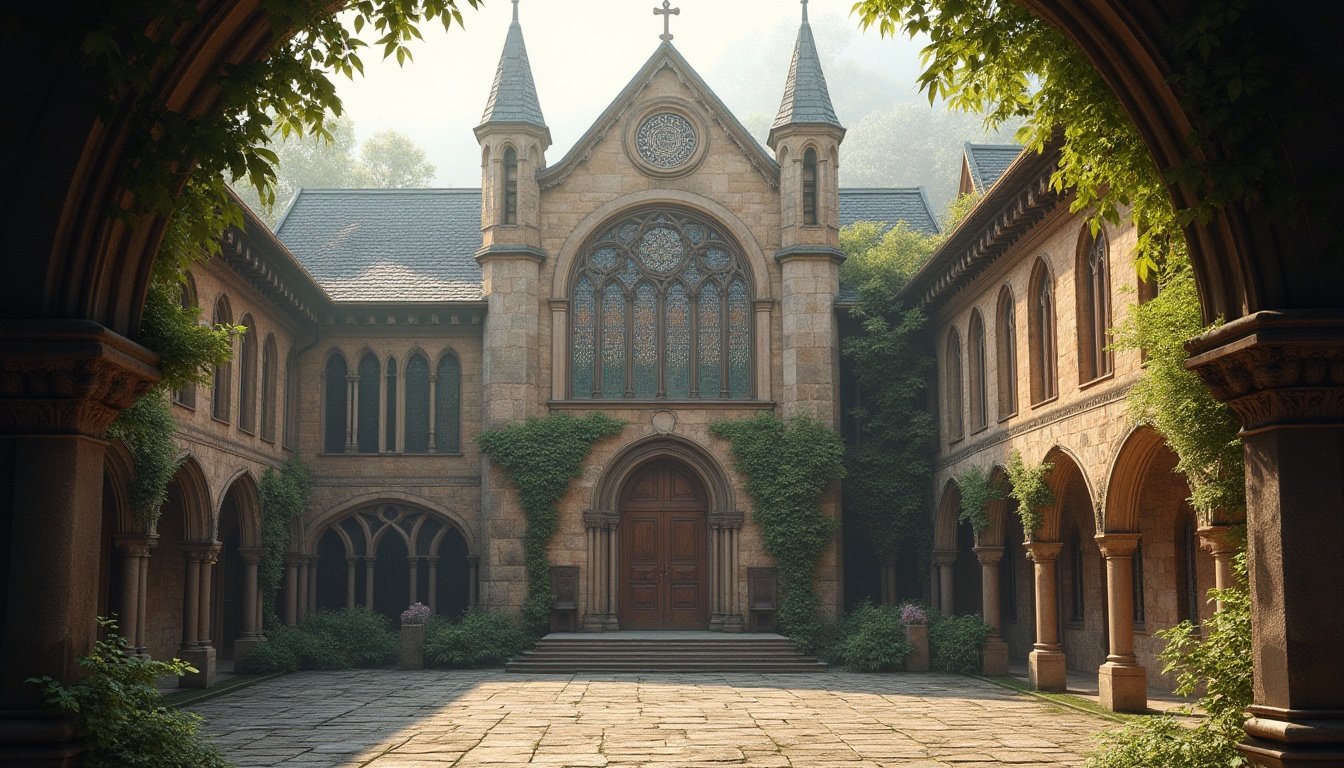 Prompt: Grand monastery facade, ornate stone carvings, intricate Gothic arches, stained glass windows, rustic wooden doors, weathered copper roofing, ivy-covered walls, serene courtyard, peaceful cloister, ancient stone pavement, soft warm lighting, misty morning atmosphere, shallow depth of field, 1/1 composition, symmetrical framing, rich textures, ambient occlusion.