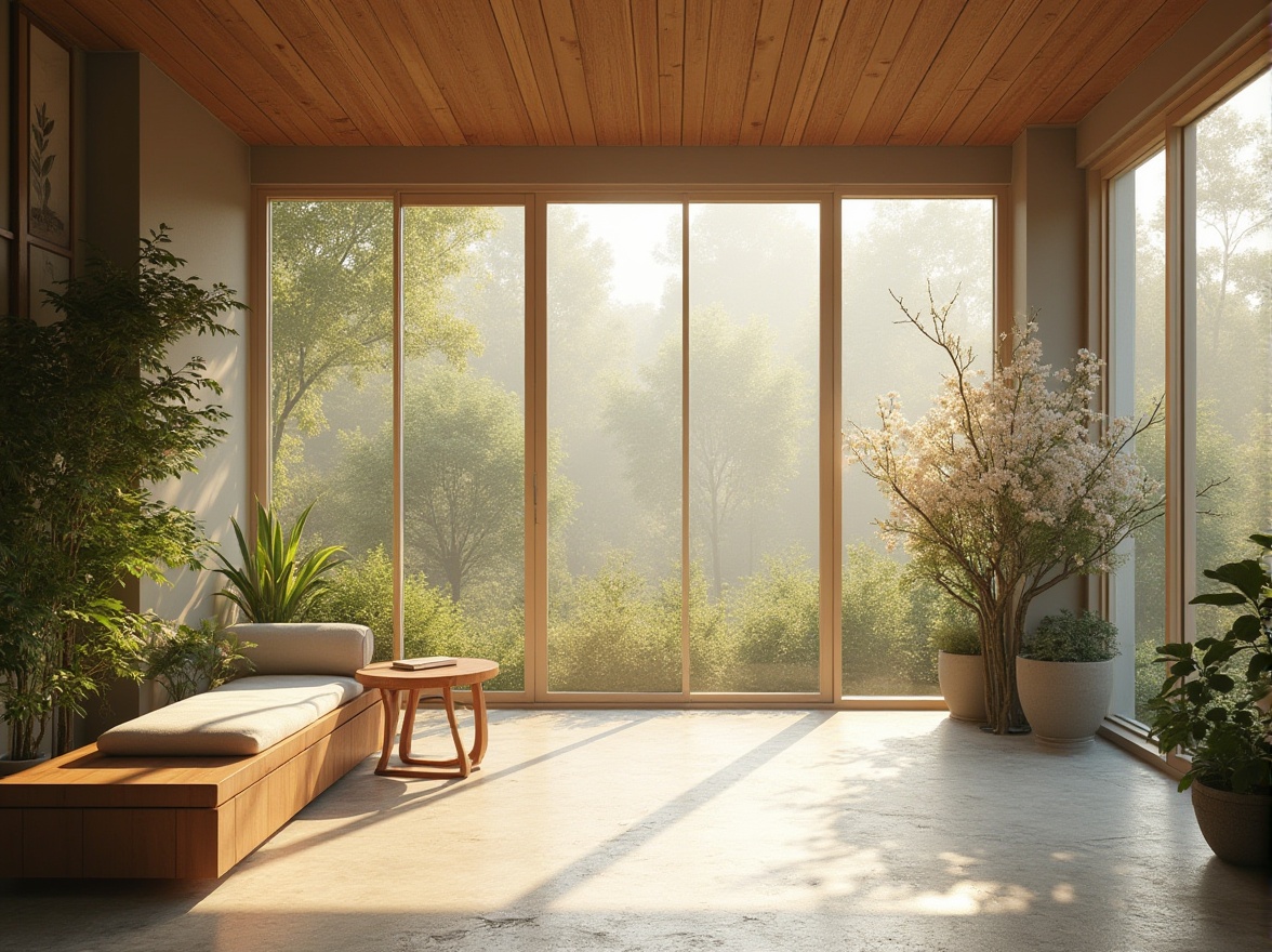 Prompt: Soft warm daylight, large windows, minimal window frames, transparent glass surfaces, reflective ceilings, bright airy atmosphere, natural textures, earthy color palette, wooden accents, stone flooring, lush greenery, blooming flowers, serene ambiance, gentle shadows, 1/1 composition, high-key lighting, subtle contrasts, soft focus, realistic reflections.