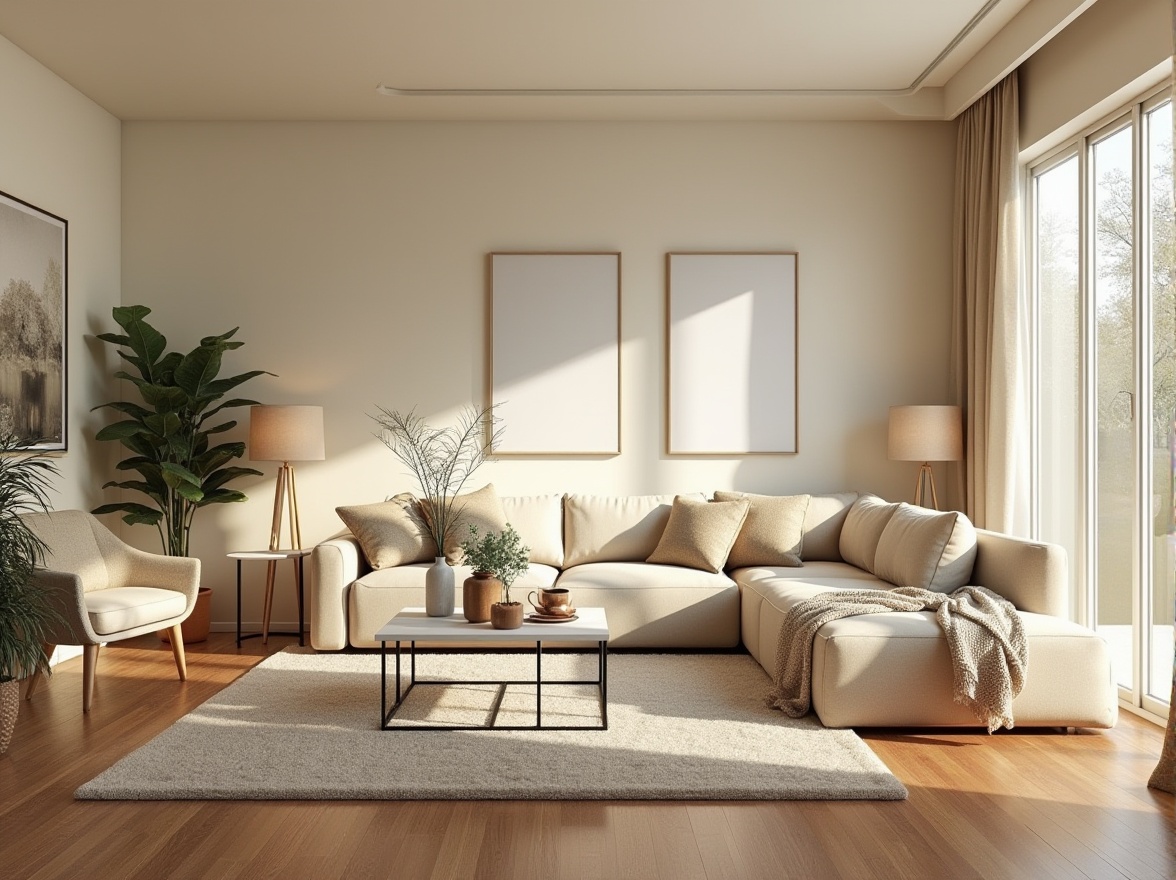 Prompt: Cozy living room, minimalist decor, soft cream walls, polished hardwood floors, plush area rug, comfortable sectional sofa, accent chairs, floor lamps, modern coffee table, decorative vases, greenery, natural light, large windows, sliding glass doors, warm beige curtains, textured throw blankets, ambient lighting, 1/2 composition, shallow depth of field, realistic textures.